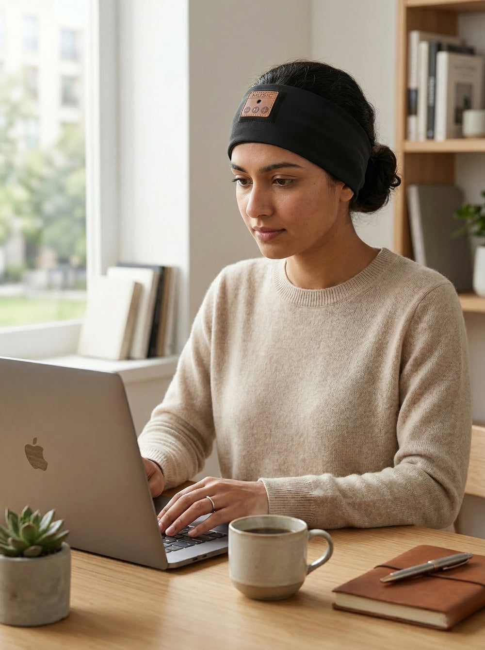 Woman using a laptop at a desk with a mug and notebook