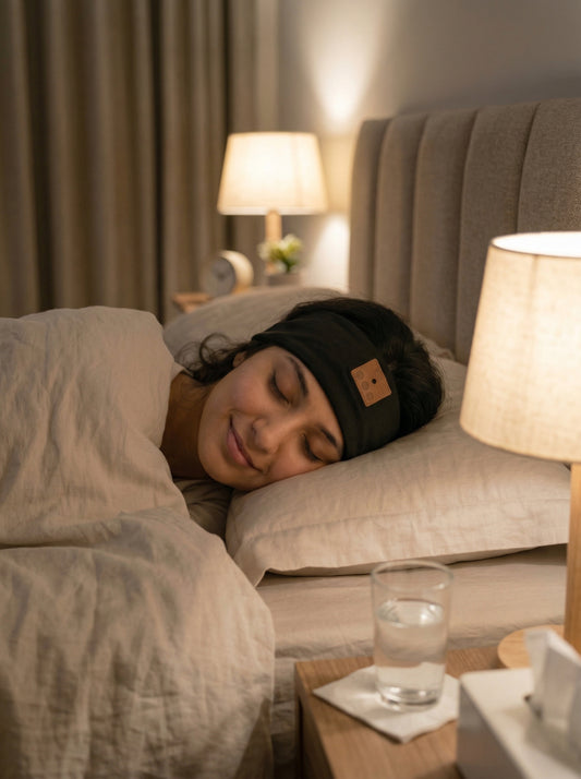 Person sleeping in bed with a nightlight on, wearing a beatband.