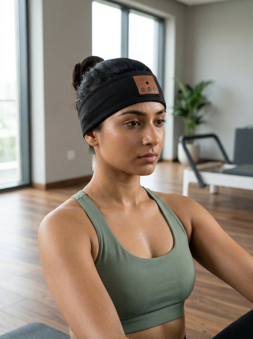 Woman wearing a black beanie with a brown leather patch in a home setting and beatband.
