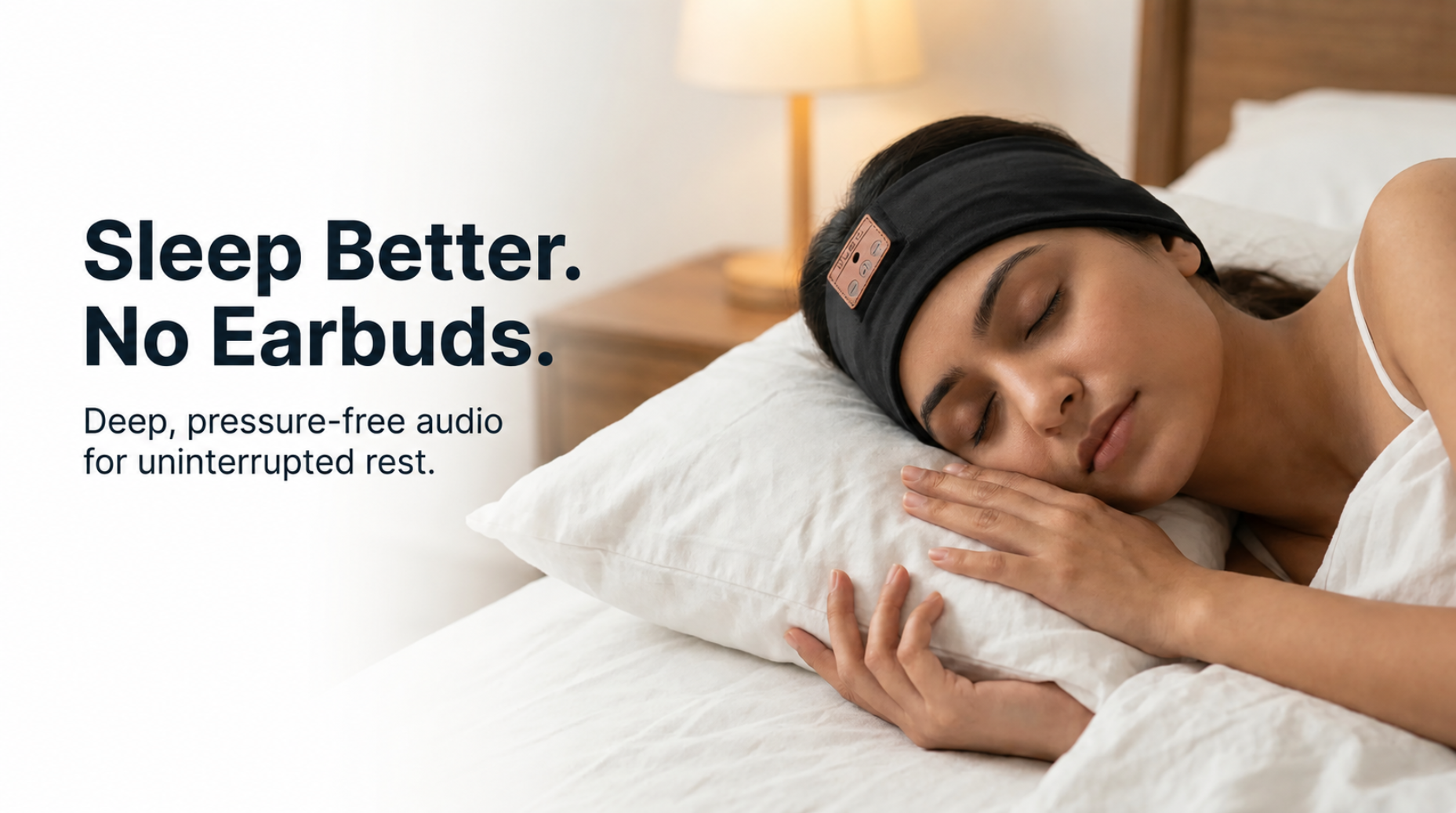 Woman sleeping with a headband device on, text about sleep better without earbuds.