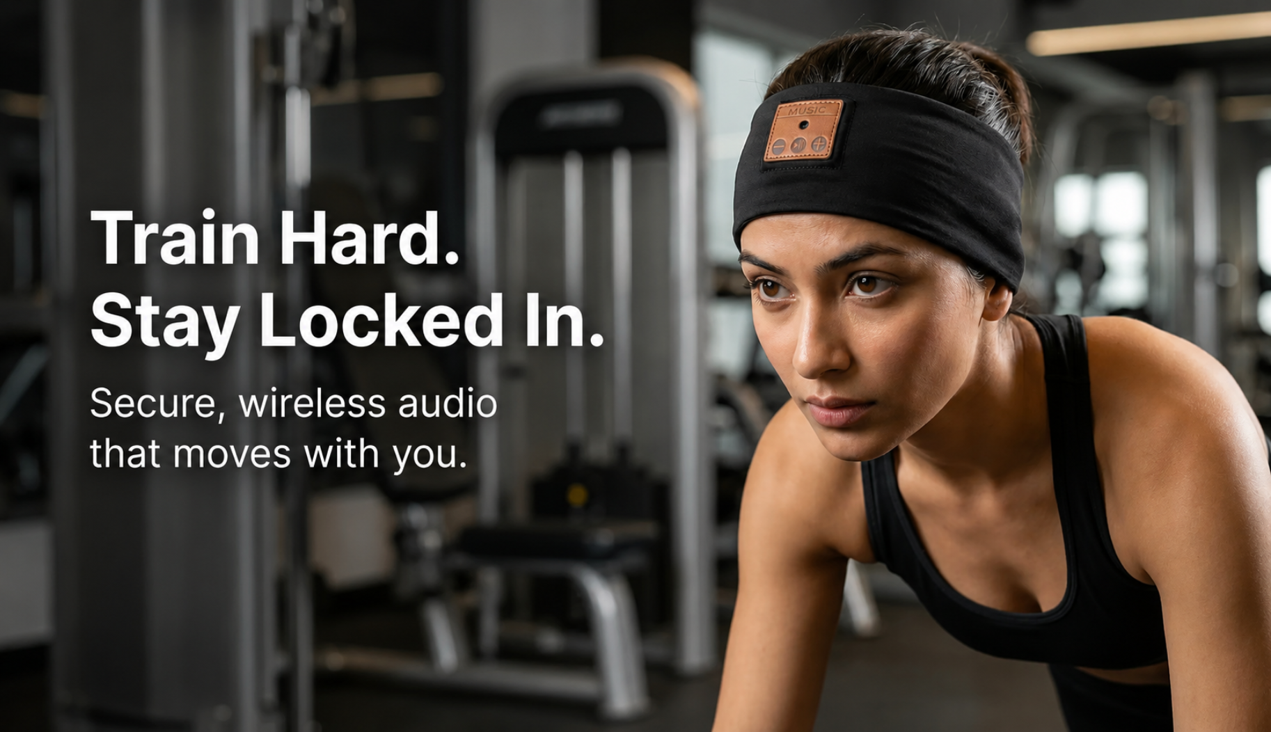 Woman in a gym wearing a wireless audio headband with text 'Train Hard. Stay Locked In.'