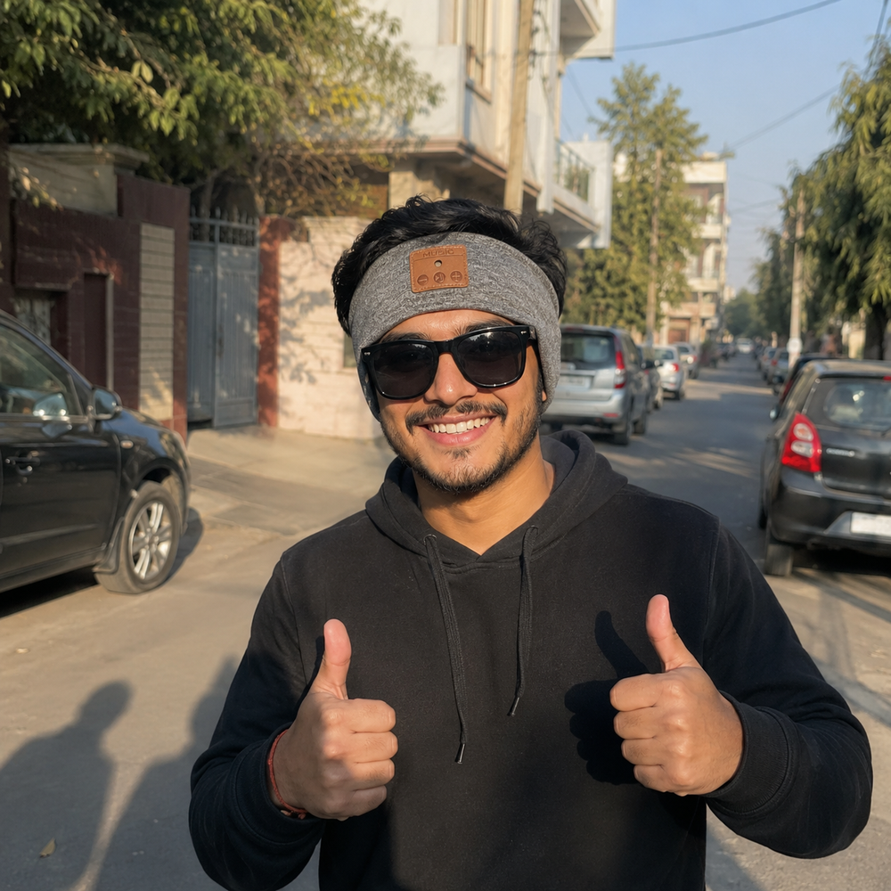 Man giving thumbs up on a street with buildings and cars in the background and wearing beatband.