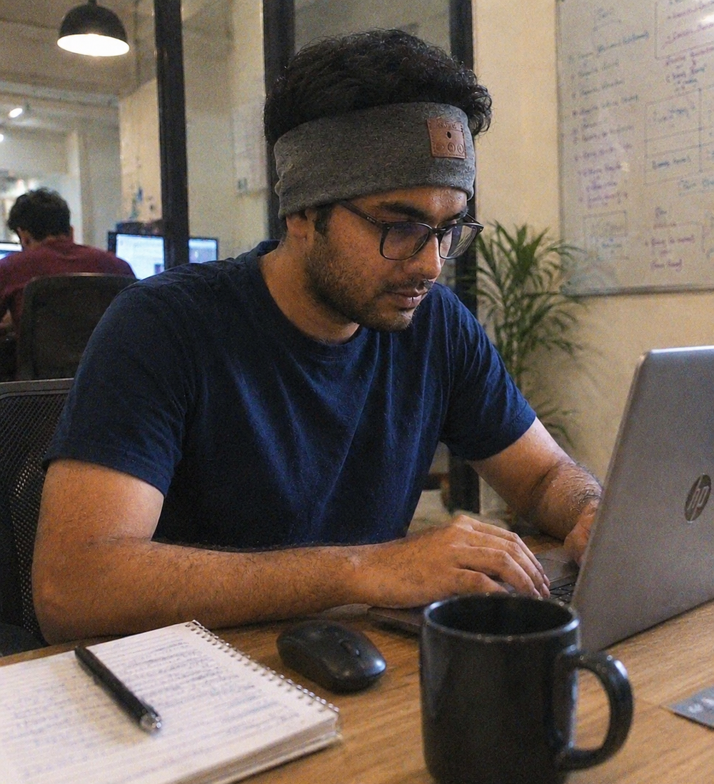 Man working on a laptop at a desk in an office setting and wearing beatband