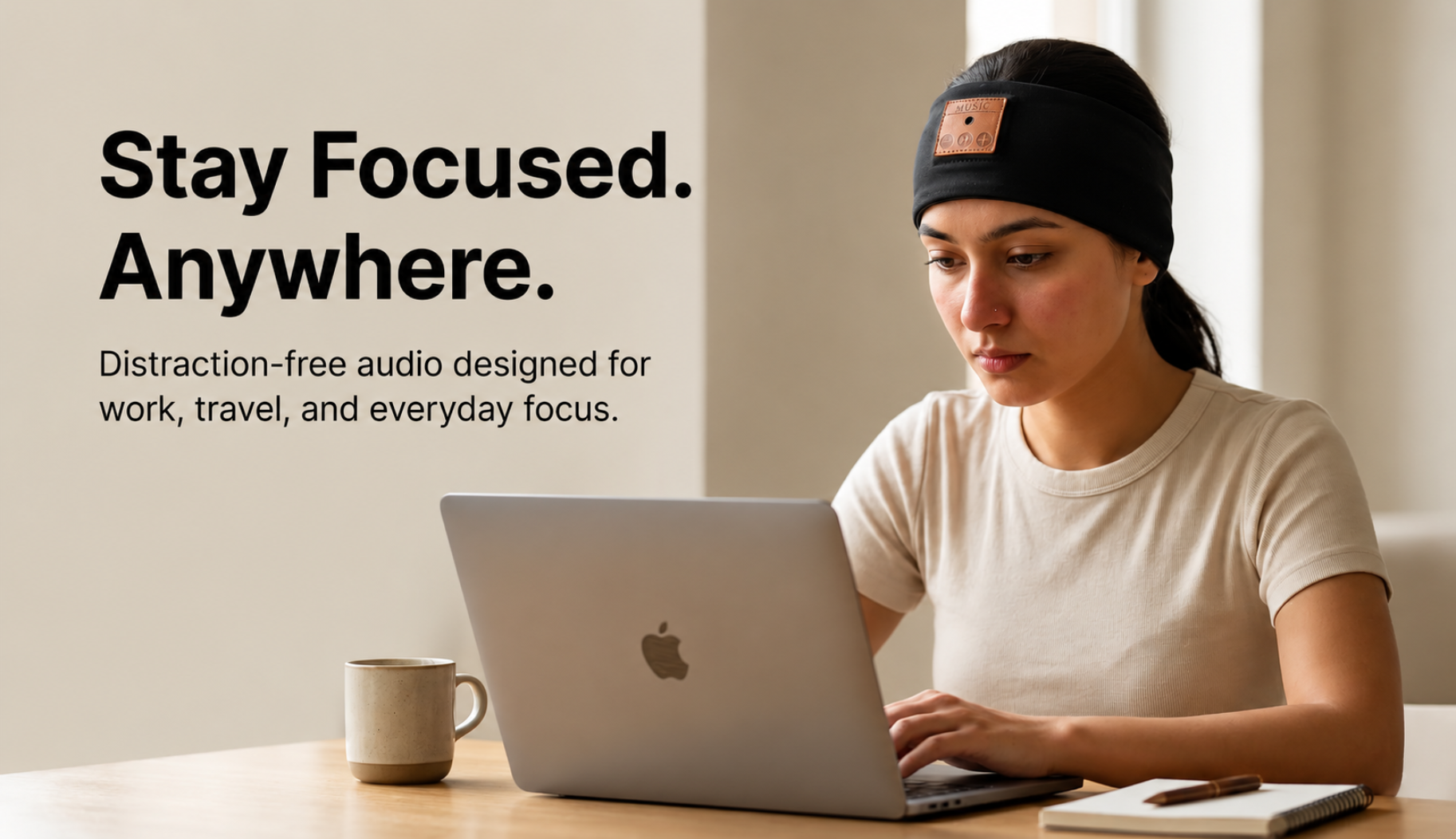 Person using a laptop with text about distraction-free audio on a neutral background