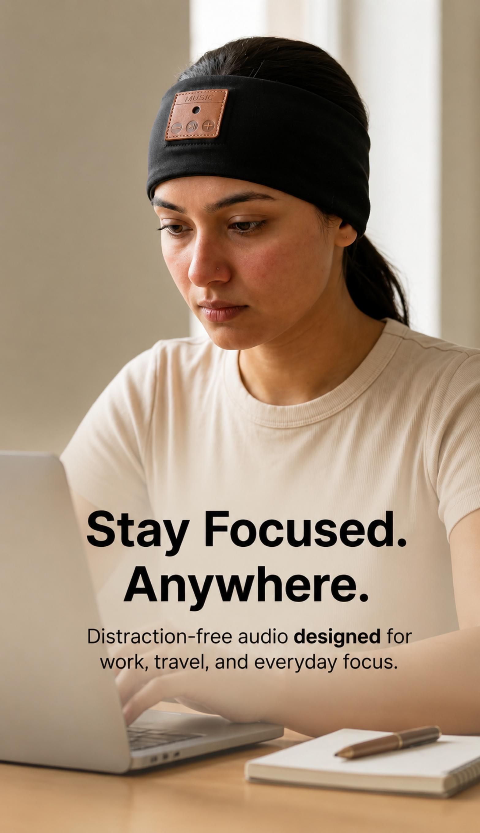 Person wearing a beatband with a device, using a laptop with text 'Stay Focused. Anywhere.'
