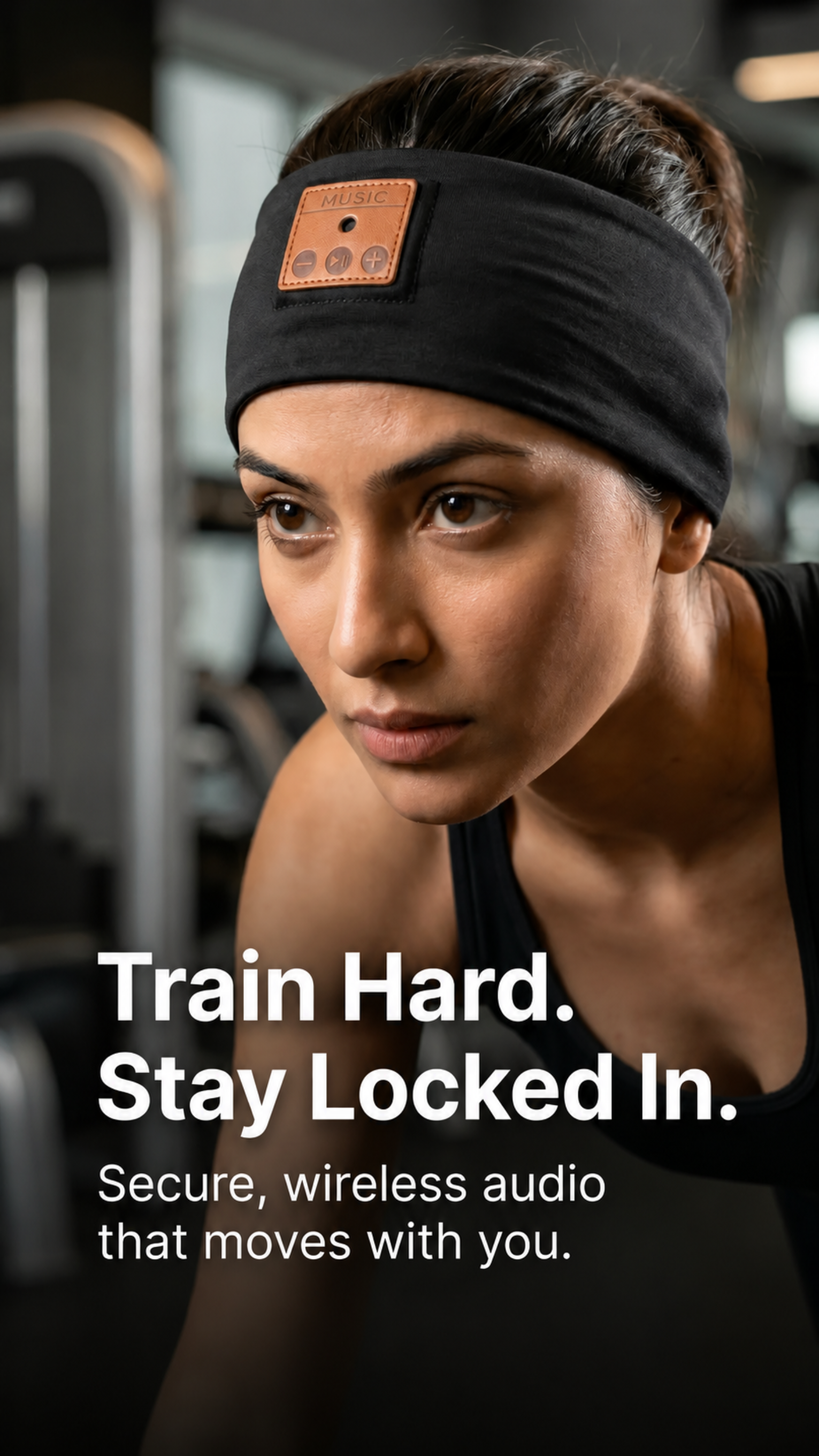 Woman wearing a black beatband with a wireless audio device, gym equipment in the background